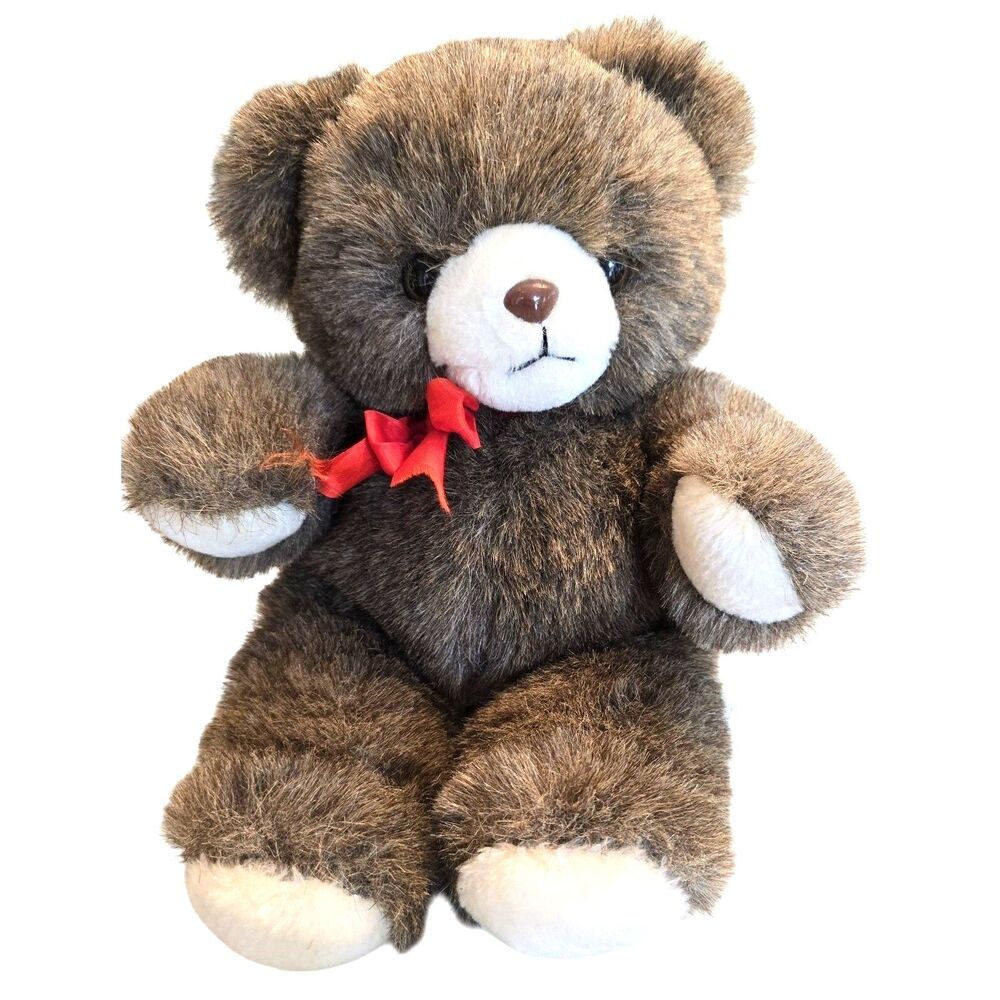 Vintage 1980s AmToy American Greetings Teddy Bear Plush 10in Brown Red Bow Korea